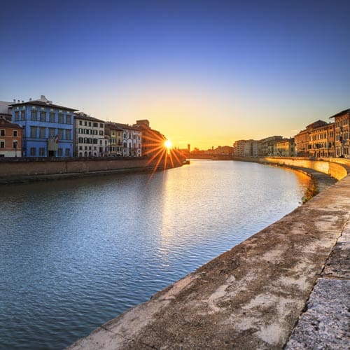 Pisa, Arno river sunset. Lungarno view. Tuscany, Italy, Europe