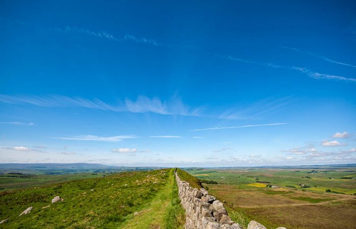 Hadrians Wall disappearing into distance of a big sky and landscape