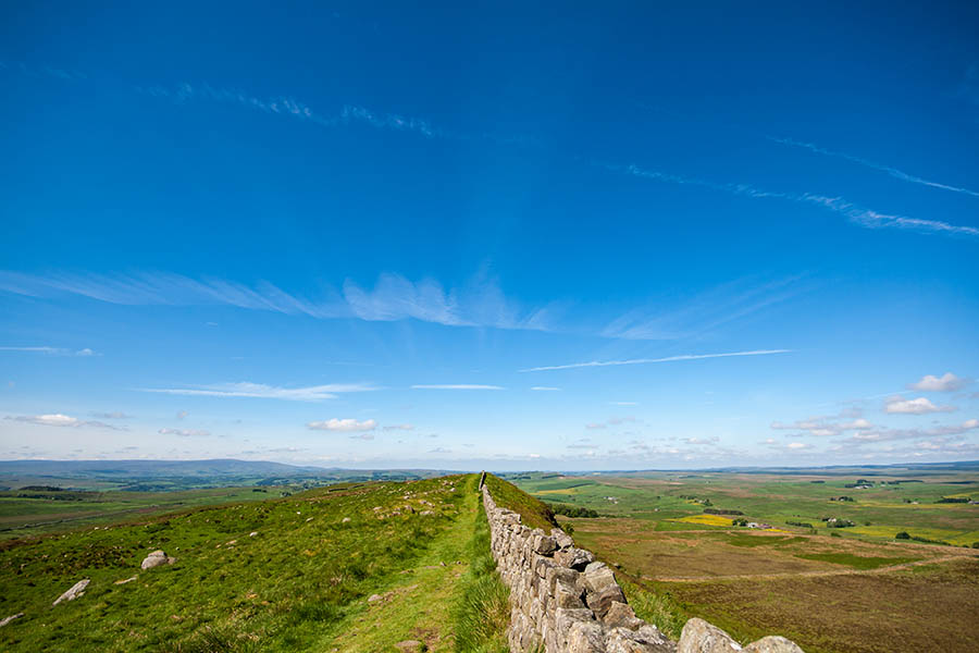 Hadrians Wall disappearing into distance of a big sky and landscape