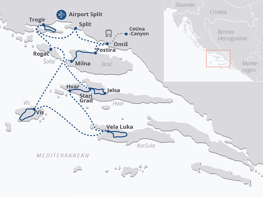 map of south Dalmatia bike and boat cycling tour